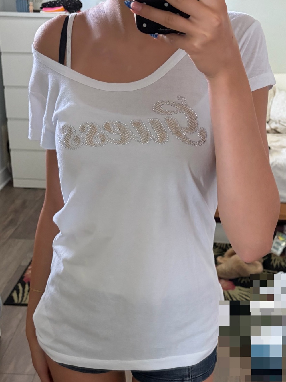 Guess White Short-Sleeve Rhinestone Script Logo Tee